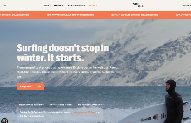 Shopify Plus storefront homepage screenshot featuring winter sports imagery