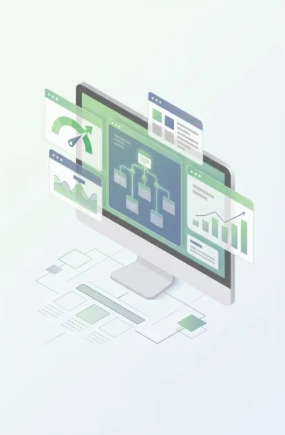 Isometric illustration of a desktop dashboard displaying Shopify technical SEO metrics, including a site architecture map, fast page speed gauge, and search performance analytics graphs