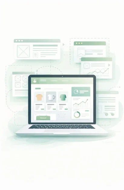 Illustration of Shopify store development showing custom eCommerce design, UX structure, and scalable Shopify architecture