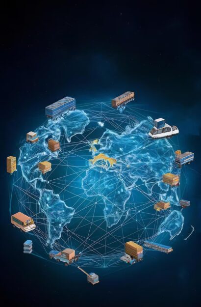 Technical visualization of WooCommerce connecting to global shipping carriers and 3PL logistics providers via custom APIs.