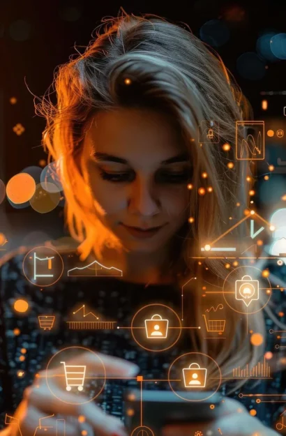 Person using a smartphone with automation and analytics icons representing Shopify Flow operations automation