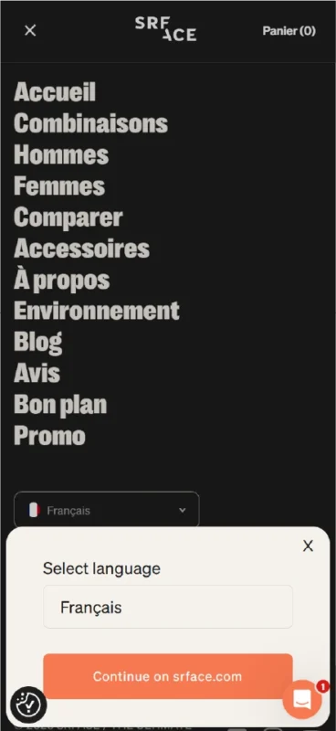 Mobile view of SRFACE storefront showing a French language selection popup and localized navigation menu, illustrating a Shopify Markets international rollout.