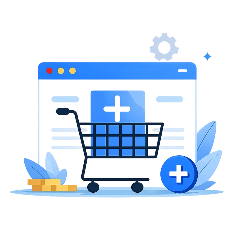 Illustration of a shopping cart with a plus icon representing add to cart for an online store