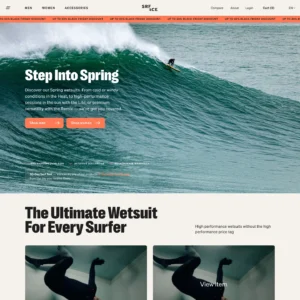 SRFACE homepage on desktop showing hero banner and wetsuit collection