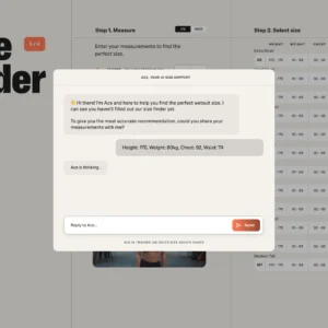 SRFACE product page with AI-powered size recommendation widget