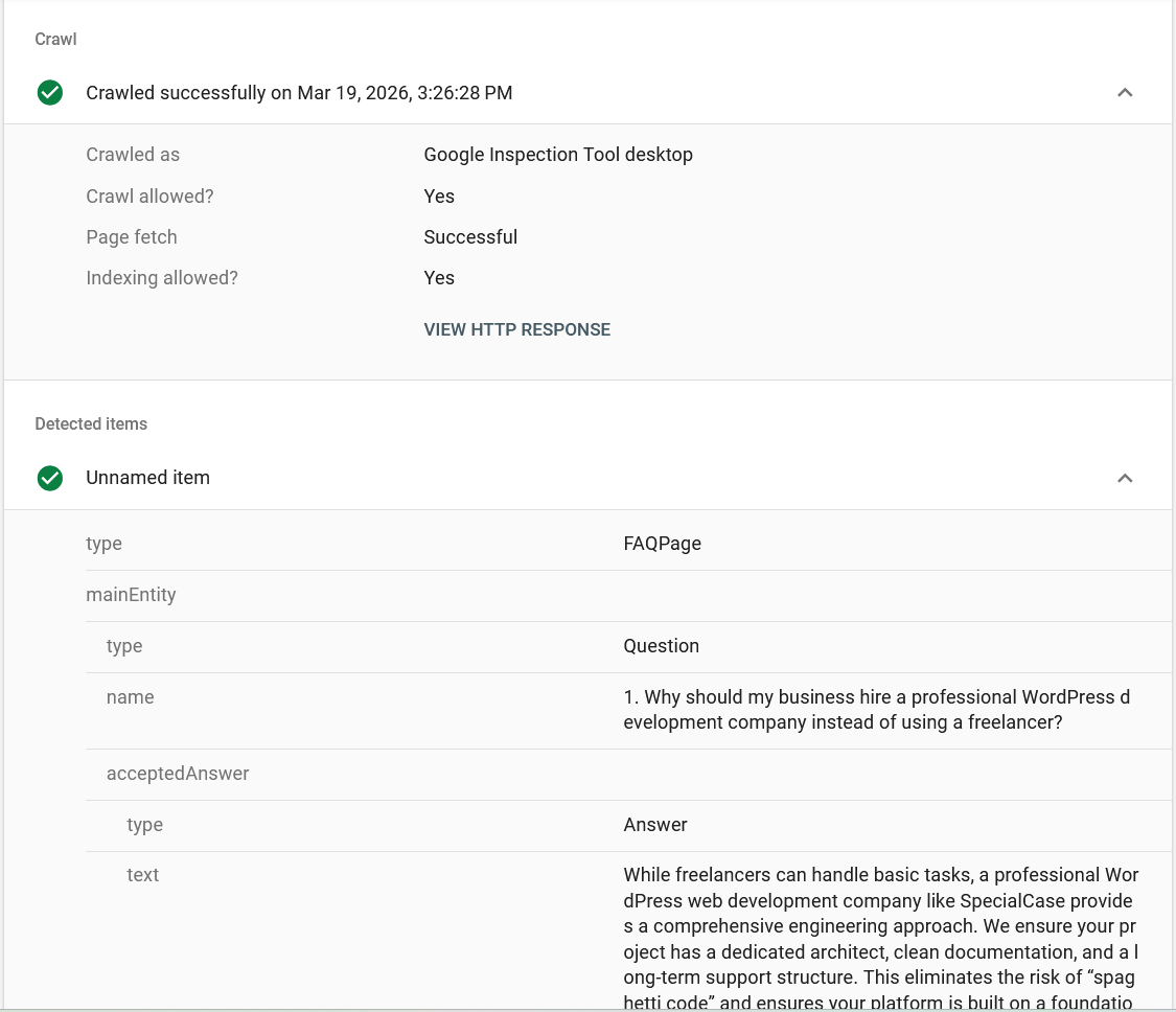 Successful FAQ schema validation in Google inspection tool