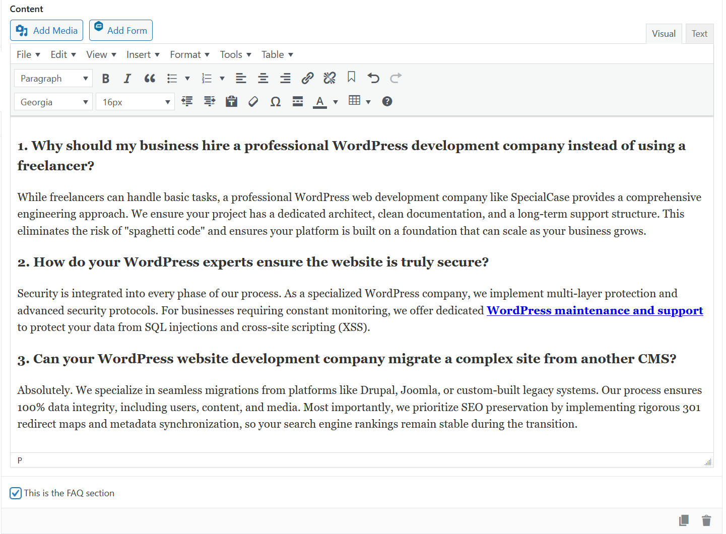Automated FAQ Schema toggle in WordPress block settings