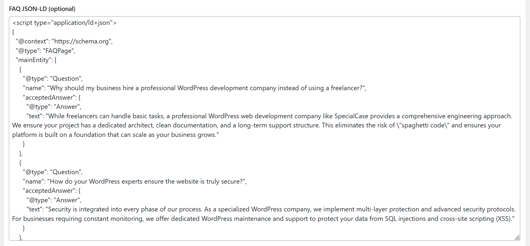Manual JSON-LD FAQ schema field in WordPress classic editor